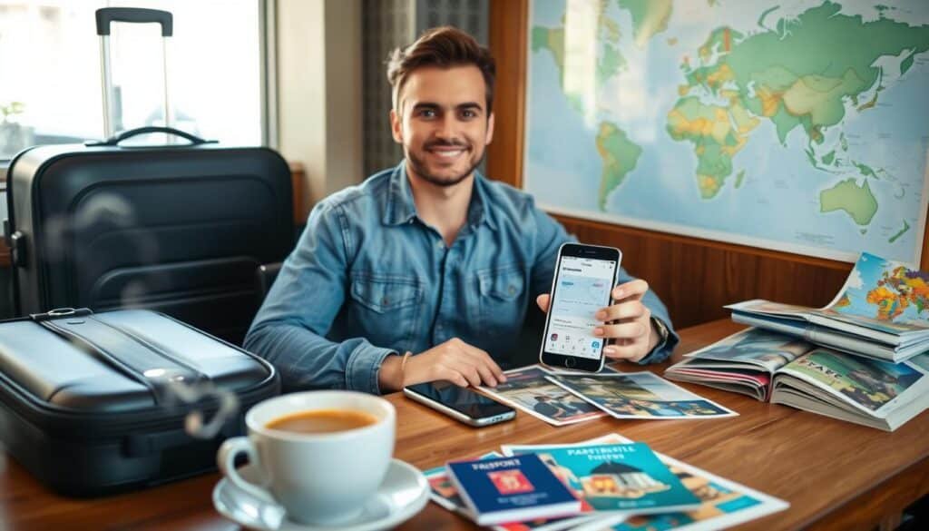 A confident traveler, dressed in casual yet stylish attire, is seated at a wooden table in a cozy café, surrounded by travel essentials: a neatly packed suitcase, a world map, and a smartphone displaying flight details. In the foreground, a steaming coffee cup adds warmth to the scene. The middle ground features an array of travel brochures and a passport, reflecting careful trip planning. The background reveals a window with light streaming in, showing a vibrant cityscape outside, hinting at the upcoming adventure. Soft, natural lighting creates a welcoming atmosphere, while a shallow depth of field focuses on the traveler, conveying excitement and anticipation for their first international journey.
