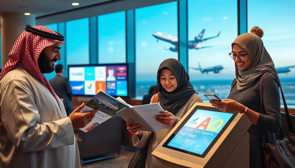 A cozy airport lounge setting, showcasing a diverse group of travelers engaging with airline loyalty program kiosks. In the foreground, a professional-looking Saudi man in business attire studies a travel rewards brochure, while a woman in modest casual clothing reviews her mobile app, both excited about earning flight miles. In the middle ground, a digital screen displays vibrant graphics of airline logos and loyalty rewards, illuminating the area with soft, warm lighting. The background features panoramic windows with airplanes taking off in a clear blue sky, emphasizing the theme of travel and rewards. The atmosphere feels vibrant and optimistic, symbolizing adventure and the benefits of loyalty programs.