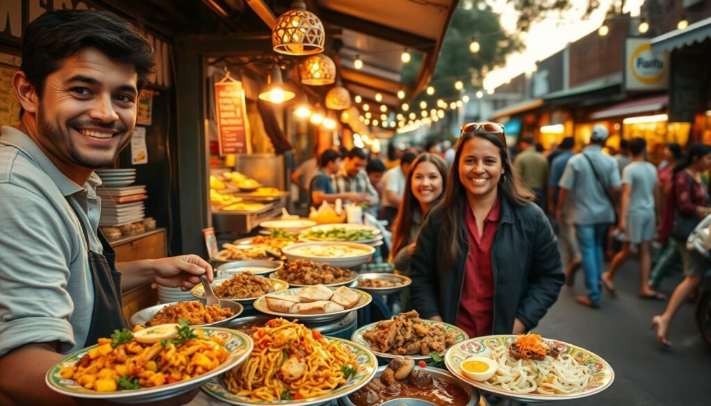 A cozy street food scene showcasing a diverse array of affordable culinary delights in an outdoor market setting. In the foreground, a local vendor with a friendly smile serves vibrant dishes on colorful plates, featuring elaborate vegetarian and meat options. Nearby, a couple dressed casually, enjoying the food, showcases the joy of economical dining while exploring. In the middle ground, food stalls are adorned with fresh ingredients and aromatic spices, surrounded by a lively crowd, conveying an inviting atmosphere. The background features softly lit string lights hanging overhead and a bustling market, all under a warm sunset glow that enhances the inviting nature of the scene. The composition should evoke a sense of vibrant community and the excitement of discovering affordable yet delicious food options while traveling.