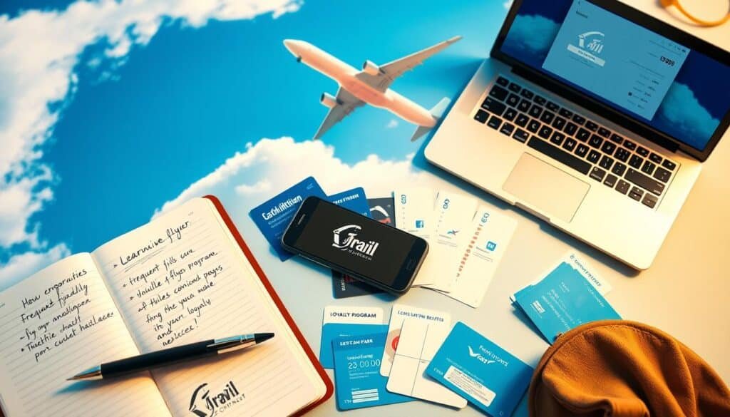 A detailed flat lay of travel essentials symbolizing the concept of loyalty programs and air miles. In the foreground, an elegant open notebook with handwritten notes about frequent flyer programs, a sleek pen, and a laptop displaying charts of mileage benefits. In the middle ground, an array of loyalty program cards spread out, featuring prominent airline logos, along with a smartphone showing a travel app in action. The background includes a soft-focus image of an airplane flying through a bright blue sky, with fluffy white clouds. The lighting is warm and inviting, creating a motivating and aspirational atmosphere that resonates with travelers. The viewpoint is from above, emphasizing organization and planning.