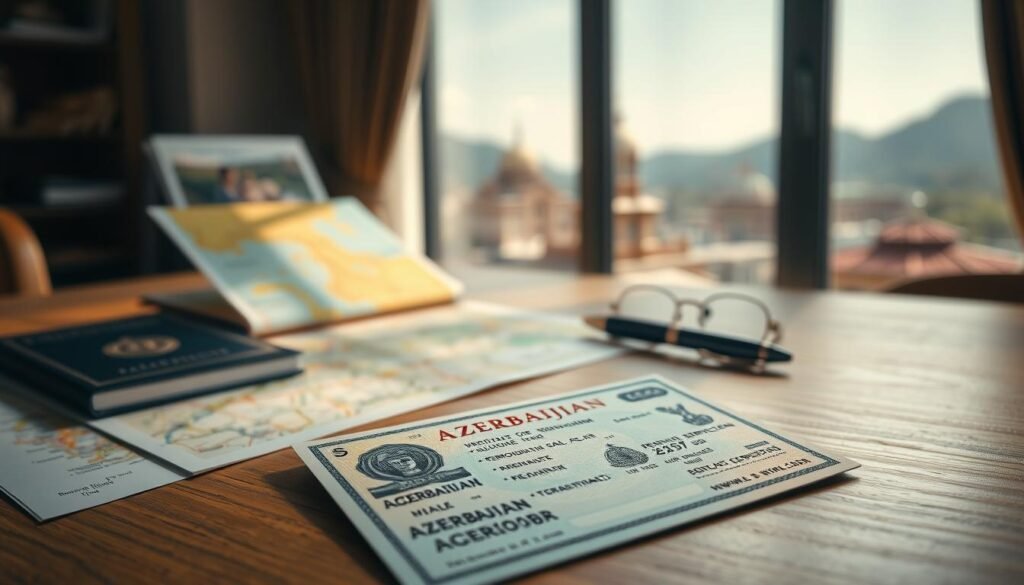 A detailed image of an Azerbaijan tourist visa, prominently displayed in the foreground, featuring elegant designs and stamps representative of Azerbaijan's culture. The visa should be situated on a wooden desk, scattered with travel essentials like a passport, a map of Azerbaijan, and an elegant pen. In the middle ground, soft natural light filters through a window, casting gentle shadows across the desk. The background includes a blurred view of an Azerbaijani landscape, showcasing the unique architecture of Baku or lush mountains. The atmosphere should evoke a sense of adventure and travel excitement, with warm tones suggesting a welcoming environment. The composition captures a harmonious blend of travel planning and cultural appreciation.
