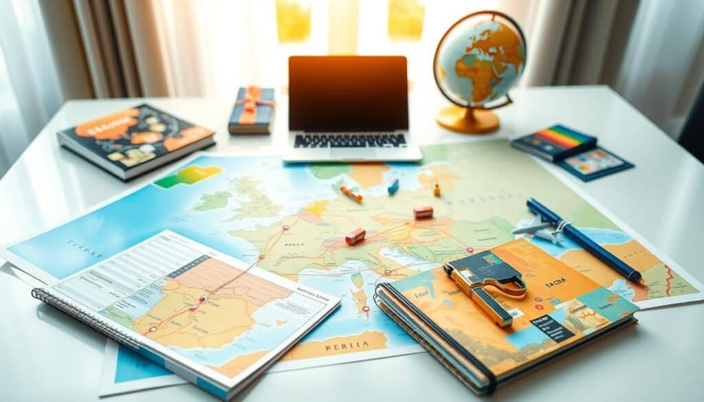 A detailed travel plan for Europe, illustrated as a vibrant map spread across a stylish desk. In the foreground, travel planners and a laptop display insightfully arranged travel routes connecting major European capitals like Paris, Rome, and Berlin. Beside them are colorful travel guides and a sophisticated globe. In the middle, overlaying the map, are small icons denoting distances and modes of transportation, such as trains and airplanes. The background showcases a softly diffused window light filtering through, creating a warm, inviting atmosphere. The overall mood is one of excitement and anticipation for European adventures, with a focus on organization and exploration, captured in a high-resolution, slightly elevated angle for clarity. The scene is professional and polished, with no distracting elements.