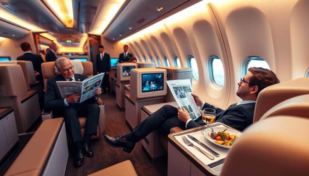 A luxurious first-class airplane cabin, showcasing spacious, plush seats adorned with soft, high-end fabrics. In the foreground, a well-dressed business traveler reads a newspaper, comfortably reclined. The middle ground features a personal entertainment system with a large screen displaying premium content, while a gourmet meal with elegant cutlery is presented on a polished tray. The warm ambient lighting creates an inviting atmosphere, emphasizing the cabin's sophisticated design, complete with stylish decor and large windows revealing a clear blue sky. The background captures a glimpse of the attentive cabin crew in professional attire, enhancing the sense of exclusivity and premier service in air travel. The entire scene conveys a feeling of opulence and relaxation.