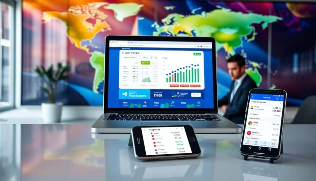 A modern and sleek digital interface displaying various flight comparison websites, with a vibrant background showcasing an abstract representation of a global map. In the foreground, a laptop with an open browser window shows a side-by-side comparison of flight prices, featuring colorful charts and booking options. Below the laptop, a smartphone displays a flight booking app with user-friendly icons and prices. The middle ground includes an elegant office space with a professional person, dressed in business attire, focused on the laptop. Soft, bright lighting creates an inviting atmosphere, emphasizing the use of technology in travel planning. The image should have a clean, modern look, reflecting efficiency and innovation in flight booking.
