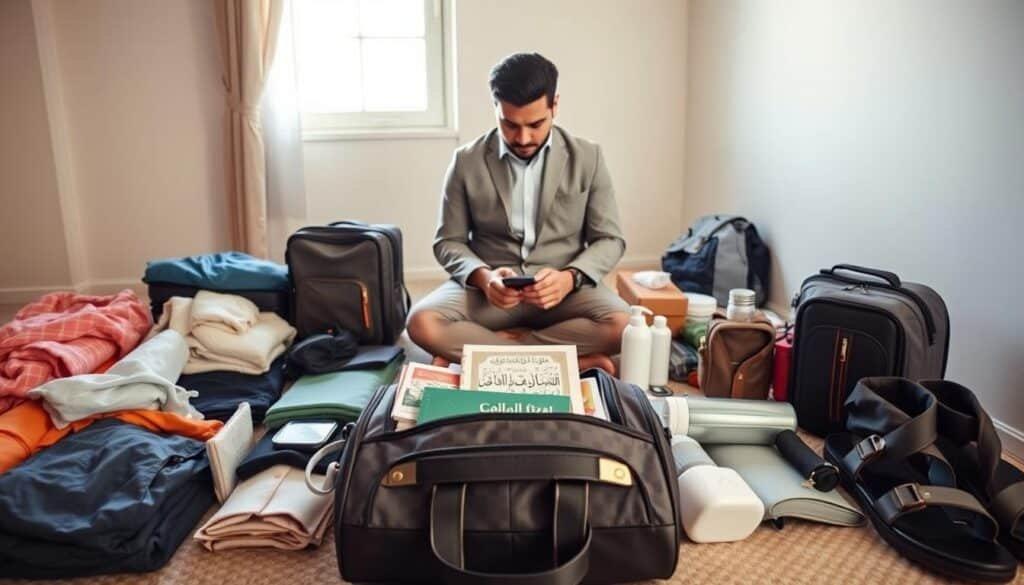 A neatly packed "Hajj Bag" or "Umrah Bag" is centered in the foreground, showcasing essential items like prayer mats, a Qur'an, and travel documents meticulously arranged. Surrounding the bag are various travel essentials such as lightweight clothing, comfortable sandals, toiletries in travel-sized containers, and a reusable water bottle, all perfectly organized as if ready for a pilgrimage. In the middle ground, a smartly dressed individual, wearing modest casual attire, carefully examines the items, embodying a sense of preparation and devotion. The background features a softly lit and tidy room with a window, casting gentle natural light that elevates the atmosphere of serenity and purpose. The entire scene conveys a peaceful and reflective mood, suitable for the significance of the Umrah journey.