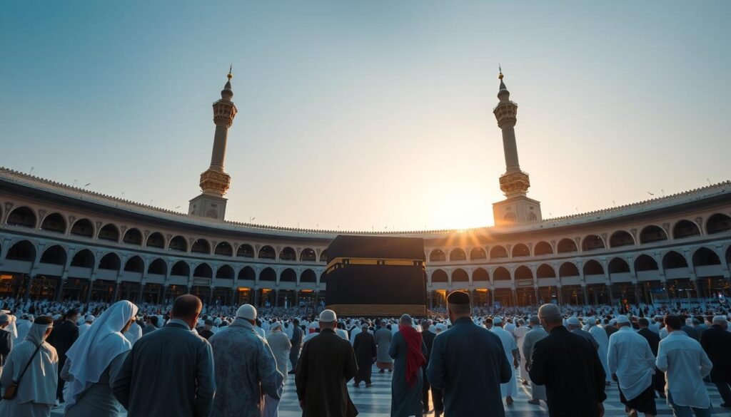 A peaceful and serene scene depicting the holy Kaaba during a quiet time for Umrah, capturing pilgrims in modest attire performing their rituals with a sense of tranquility. In the foreground, a diverse group of pilgrims engaged in prayer, their expressions reflecting deep spirituality. In the middle ground, the Kaaba stands majestically surrounded by an open courtyard, bathed in warm golden light from a soft early morning sun. In the background, the grand mosque architecture elegantly framed with clear blue skies, creating a calm and inviting atmosphere. The image should have a wide-angle perspective to encompass the beauty of the surroundings, emphasizing the peacefulness of the moment, devoid of crowds, fostering a sense of quiet reflection and devotion.