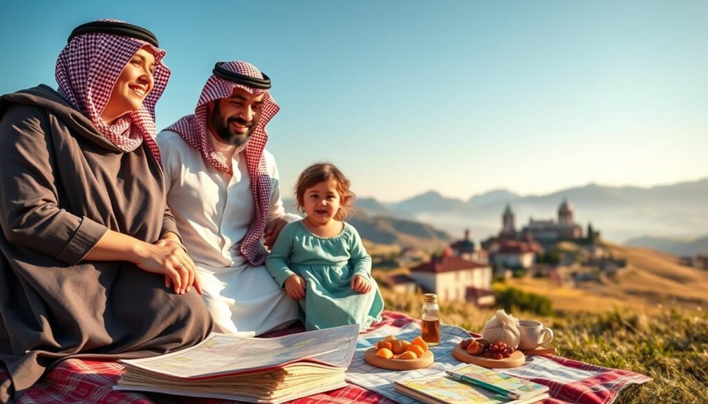 A picturesque family scene depicting a Saudi family enjoying their trip to Georgia. In the foreground, the family consists of a mother and father in modest casual clothing, two children playing nearby. The middle ground features a beautiful Georgian landscape with rolling hills and local traditional architecture. Include elements like a map, travel guides, and local Georgian delicacies on a picnic blanket to signify travel costs and planning. In the background, a clear blue sky with soft, warm lighting suggests a sunny day. Capture the joyful anticipation and excitement of family travel, emphasizing togetherness and cultural exploration. Use a wide-angle lens perspective to create a sense of openness and adventure, maintaining a vibrant and inviting mood.