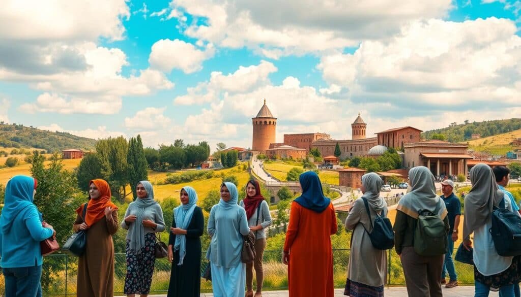A picturesque landscape of Azerbaijan showcasing its vibrant tourism scene. In the foreground, a diverse group of travelers dressed in modest casual clothing enjoy the local culture, interacting with friendly locals and admiring traditional architecture. The middle layer captures the lush greenery and rolling hills, with historic sites like the Maiden Tower and the Flame Towers in the background, illuminated by warm, golden sunlight. The sky is a bright blue dotted with fluffy white clouds, hinting at the pleasant weather typical of Azerbaijan. The atmosphere should feel welcoming and adventurous, reflecting the idea of exploration and cultural immersion. The overall composition should have a soft focus, emphasizing the lively interaction between people and the beautiful surroundings.
