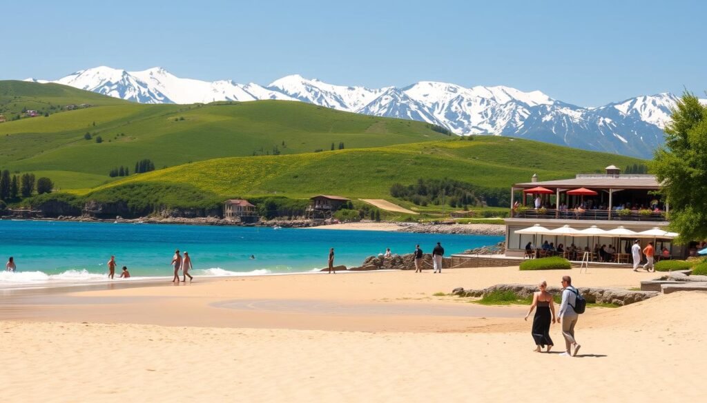 A picturesque landscape showcasing the diverse Turkish climate, featuring a blend of sunny coastal beaches and snowy mountain peaks. In the foreground, include a serene beach scene with soft golden sand and turquoise waters, where a few modestly dressed tourists enjoy the sun. The middle ground reveals lush green hills dotted with colorful wildflowers, transitioning into a bustling outdoor café filled with visitors enjoying the pleasant weather. The background highlights the majestic snow-capped mountains under a clear blue sky, evoking a sense of tranquility. Use soft, natural lighting to enhance the warm atmosphere, with a focus on capturing the vibrant colors of nature. The scene should convey a sense of harmony, inviting viewers to experience the unique seasons and weather in Turkey.