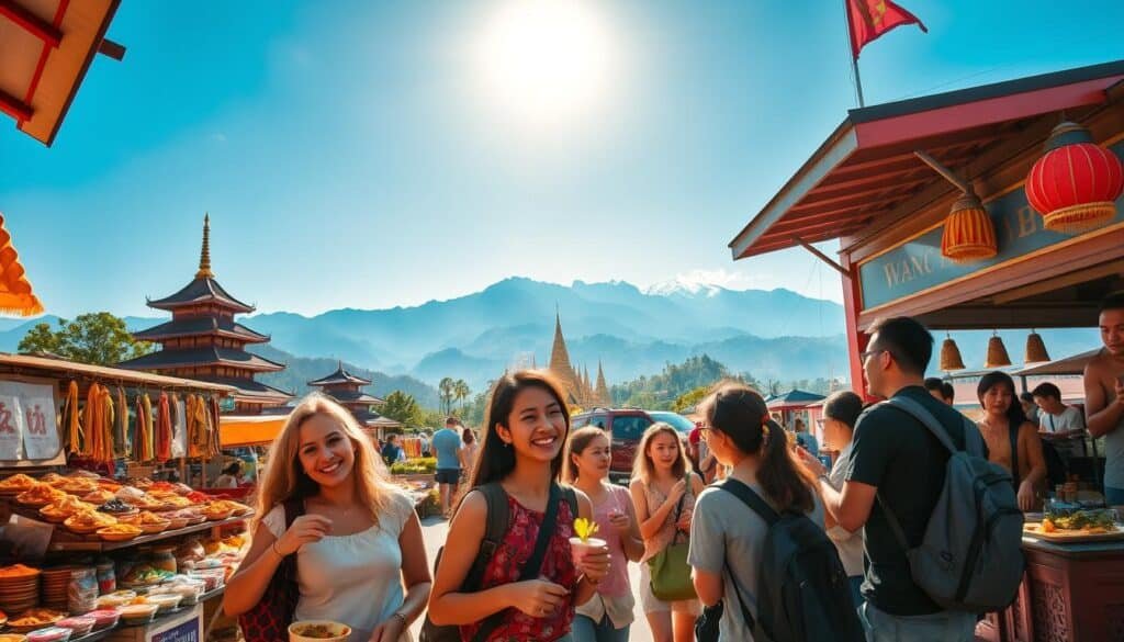 A picturesque scene depicting affordable travel destinations in Asia, showcasing vibrant local markets and iconic landmarks like temples and lush gardens. In the foreground, a cheerful group of travelers in modest casual clothing engages with friendly local vendors, sampling street food. The middle ground features colorful stalls filled with spices, textiles, and handcrafted goods, creating an inviting atmosphere. The background reveals a stunning mountain range under a bright blue sky, with the sun casting warm, golden light across the landscape. Capture this scene with a wide-angle lens to enhance depth, focusing on the lively interaction between tourists and locals, conveying a sense of adventure and cultural richness in an economical travel setting.