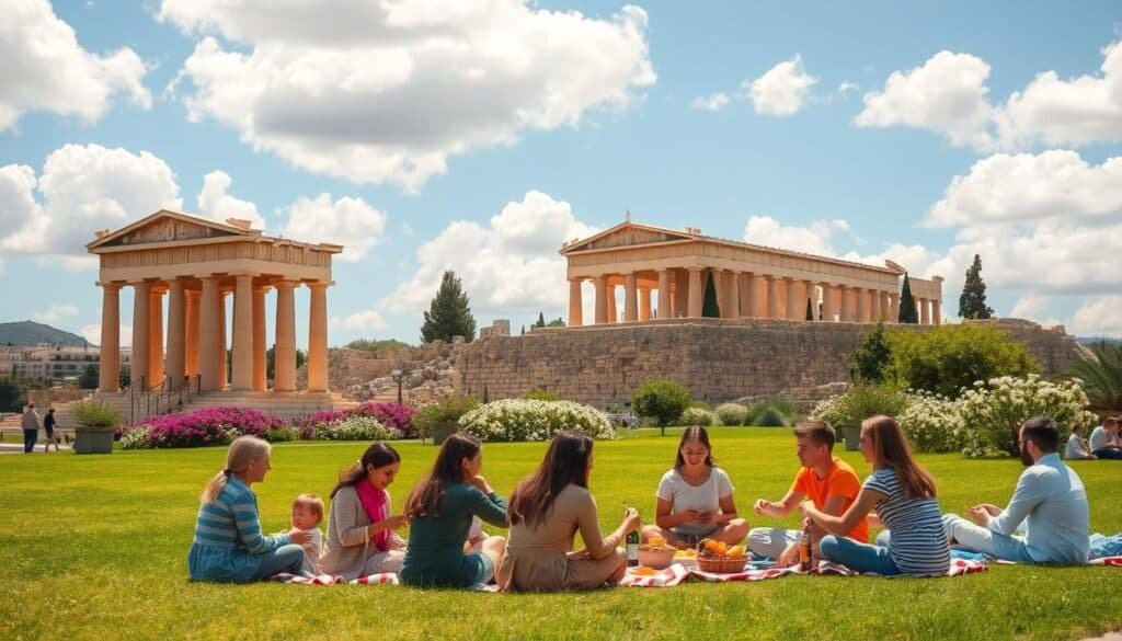 A picturesque scene of Athens, Greece, showcasing its rich historical architecture with a family-friendly atmosphere. In the foreground, a diverse family dressed in modest casual clothing is enjoying a picnic on a vibrant green lawn in front of a classical Greek temple. The middle ground features iconic landmarks like the Acropolis with its stunning Parthenon, surrounded by blooming flowers and lush trees. In the background, the clear blue sky is dotted with soft, fluffy clouds, illuminated by warm sunlight. Capture the warmth and joy of family interactions, with the city’s historical charm evident in the architecture. Use a slightly elevated angle to give depth to the scene, creating an inviting and serene mood that reflects a perfect day in Athens.