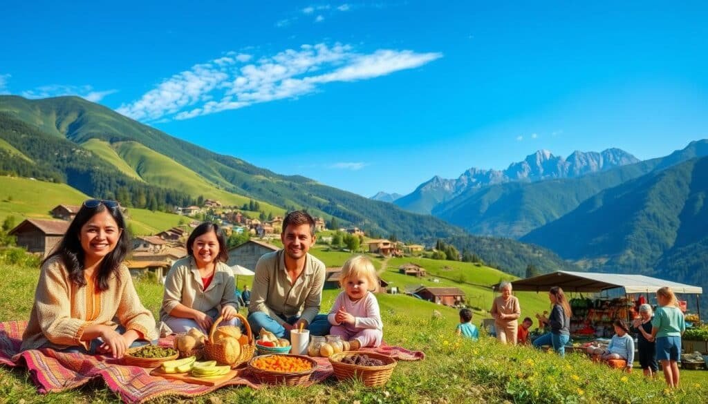 A picturesque scene showcasing family-friendly tourism in Georgia, featuring a vibrant landscape of lush green mountains and rolling hills. In the foreground, a smiling family in modest casual clothing enjoys a picnic on a colorful blanket surrounded by traditional Georgian food, set against a backdrop of a charming village with distinctive architecture. The midground showcases children playing and exploring a local market filled with artisan crafts and fresh produce, while the background captures the stunning peaks of the Caucasus Mountains under a clear blue sky. Soft, warm lighting enhances the inviting atmosphere, creating a sense of joy and adventure, perfect for families planning a visit to Georgia in the spring or summer months.