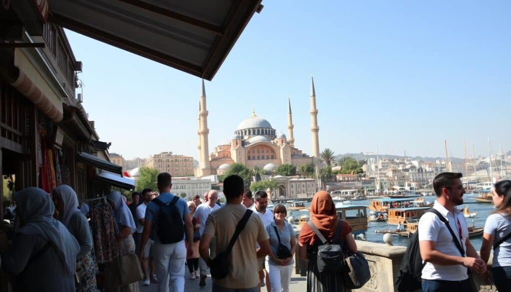 A picturesque summer scene capturing the essence of Turkey during peak tourist season. In the foreground, a diverse group of travelers in modest casual clothing are enjoying the vibrant bazaar of a historic Turkish town, with colorful fabrics and lively market stalls. The middle ground features iconic landmarks, such as the Hagia Sophia and the Blue Mosque, bathed in warm sunlight, highlighting their intricate architectural details. In the background, a clear blue sky stretches over a bustling harbor dotted with traditional wooden boats. The atmosphere is cheerful and energetic, evoking the excitement of summer holidays. Use soft, natural lighting to emphasize a joyful and inviting mood, shot from a slightly elevated angle to encompass the lively scene.