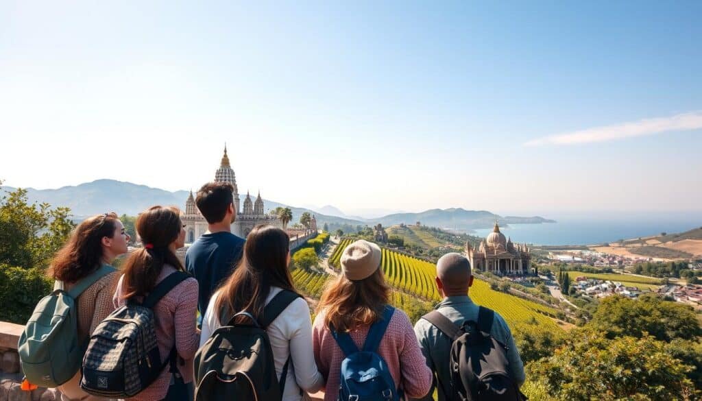 A picturesque travel destination scene showcasing affordable tourism hotspots. In the foreground, a diverse group of travelers in modest casual clothing enjoys a breathtaking view, capturing their joyous experience together. In the middle ground, iconic landmarks symbolize budget-friendly travel, such as a beautiful ancient temple, sprawling vineyards, or vibrant street markets, all surrounded by lush greenery. The background features rolling hills or a coastal landscape under a clear blue sky, emphasizing tranquility and adventure. Soft, warm sunlight bathes the scene, creating an inviting atmosphere. The composition should have a slight depth of field, focusing on the group while gently blurring the background, conveying a sense of connection and exploration in low-cost travel.