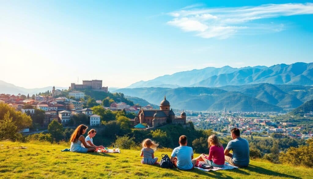 A picturesque view of family-friendly tourist attractions in Georgia, showcasing the stunning landscapes and historical sites. In the foreground, a diverse family enjoying a picnic on a grassy hill, with children playing nearby. The middle ground features the iconic Tbilisi skyline with its colorful houses, the historic Narikala Fortress, and lush parks. The background displays the breathtaking Caucasus Mountains under a clear blue sky, illuminated by warm sunlight. The atmosphere is vibrant and joyful, emphasizing family bonding and exploration. Use a wide-angle lens to capture the expansive beauty and a soft focus on the family to create an inviting, serene mood. The scene conveys a sense of adventure and discovery, perfect for families visiting Georgia.