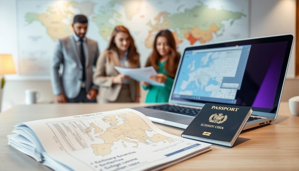 A professional setting illustrating the concept of Schengen visa requirements for Saudi travelers. In the foreground, a neatly arranged desk features a stack of travel documents, including a Schengen visa application form and a passport, partially open. Beside it, a modern laptop displays a map of Europe with highlighted Schengen countries. In the middle ground, a diverse group of three individuals dressed in professional attire reviews documents together, showcasing collaboration and focus. The background includes a travel-themed wall map and soft ambient lighting, creating an inviting and informative atmosphere. The overall mood is one of anticipation and readiness for international travel, highlighting the importance of the Schengen visa in facilitating journey to Europe.