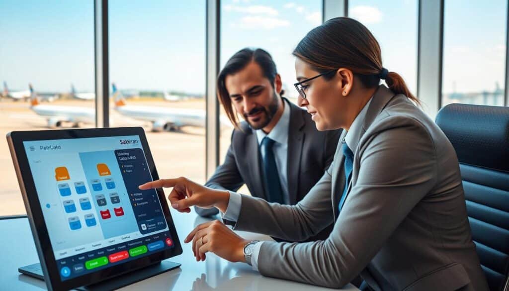 A professional travel agent at a sleek modern office desk, intently assisting a traveler in selecting an airplane seat for a long journey with Sabhran Airlines. In the foreground, the agent is pointing to a vibrant touchscreen display showing a detailed seating chart of a modern airplane cabin. In the middle ground, a digital interface highlights various seat options—window, aisle, and extra legroom—while colorful icons indicate amenities and features like reclining seats and power outlets. The background features a large window with a view of distant airplanes on the tarmac, under a bright blue sky, creating an atmosphere of anticipation and excitement. Soft, natural lighting illuminates the scene, enhancing a sense of professionalism and comfort.