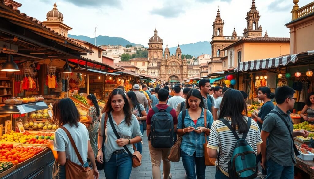 A scenic overview of an economically-friendly travel destination, featuring diverse travelers exploring a vibrant local market. In the foreground, depict a diverse group of individuals in modest casual clothing, engaging with local artisans and sampling affordable street food. In the middle ground, showcase colorful market stalls adorned with local crafts, fresh produce, and hand-made souvenirs, indicating budget-friendly options. The background should consist of beautiful architecture and scenic landscapes, hinting at a blend of culture and natural beauty. Utilize warm, inviting lighting to create an atmosphere of adventure and discovery, emphasizing an accessible yet enriching travel experience. Capture this scene from a slightly elevated angle, showcasing the interactions and ambiance of the destination.
