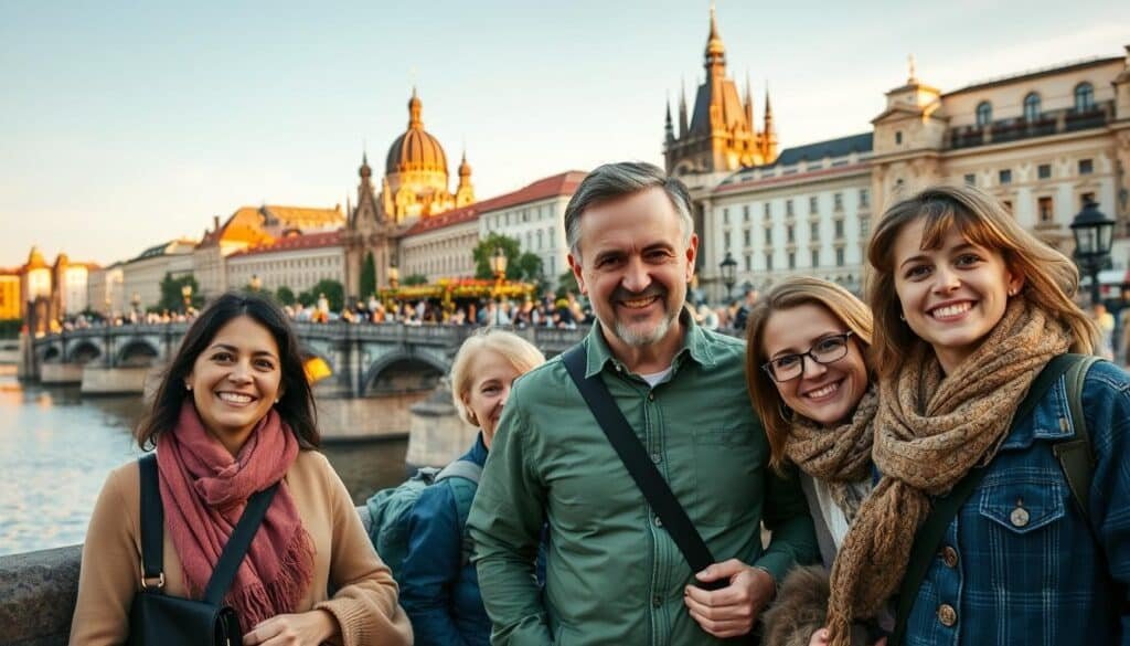 A scenic view of Prague, Czech Republic, showcasing its stunning gothic and baroque architecture. In the foreground, a family dressed in modest casual clothing, smiling and enjoying a day out, perhaps having a picnic or exploring the vibrant city with their children. The middle ground features the iconic Charles Bridge adorned with tourists and street artists, enhancing the lively atmosphere. The background includes the majestic Prague Castle and the Vltava River reflecting the warm golden light of a late afternoon sun, creating a serene yet vibrant ambiance. The image should be captured at eye level to immerse the viewer in the experience, with soft, natural lighting to convey a sense of joy and unity in a beautiful European setting.