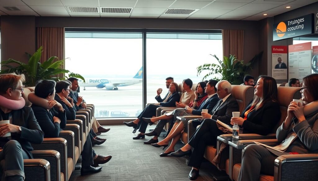 A serene airport lounge scene focusing on relaxation during long international travel. In the foreground, a diverse group of travelers, dressed in professional business attire and modest casual clothing, are comfortably seated in spacious, plush chairs. Some are using travel pillows and blankets, while others are sipping warm beverages. In the middle, a large window reveals airplanes on the tarmac, casting gentle daylight into the lounge, creating a calm atmosphere. The background includes lush indoor plants and informative travel signage, harmonizing with the theme of travel comfort. The overall mood is peaceful and inviting, emphasizing relaxation and wellness, captured with soft, warm lighting to enhance a sense of tranquility.