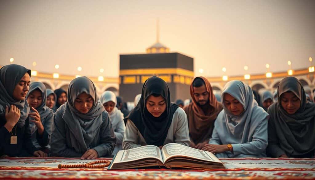 A serene and contemplative scene depicting the spiritual preparation for Umrah, with a focus on intention and sincerity. In the foreground, a diverse group of people dressed in modest, professional attire is engaged in prayer, their expressions reflecting deep concentration and devotion. In the middle ground, a tranquil setting includes subtle symbols of faith, like prayer beads and an open Quran, softly illuminated by warm, golden lighting. The background features the iconic architecture of the Kaaba, rendered artistically but reverently, emphasizing its significance without overcrowding the image. The overall mood is peaceful and introspective, inviting viewers to feel the gravity of the spiritual journey. The composition is framed with a slightly tilted angle to enhance the dynamic and inspiring atmosphere.