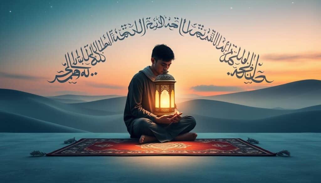 A serene and contemplative scene illustrating spiritual and psychological preparation for Umrah. In the foreground, a person dressed in modest attire, sitting cross-legged on a prayer mat, with a focused expression, gazing at a beautiful, ornate lantern symbolizing enlightenment. In the middle, soft light emanates from the lantern, casting a warm glow that highlights the intricate patterns of the mat. Surrounding the individual, elegant Islamic calligraphy subtly etched in the background represents themes of faith and devotion. The background features an ethereal landscape of gentle rolling hills under a twilight sky, with stars just beginning to twinkle, enhancing the peaceful atmosphere. The overall mood should evoke a sense of tranquility, introspection, and anticipation, promoting a deep spiritual connection in preparation for Umrah.