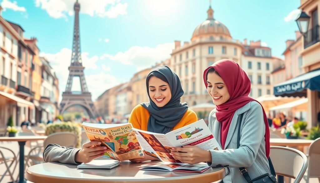 A serene and inviting travel-themed scene illustrating the concept of budget travel to Europe. In the foreground, a stylish, modestly dressed young couple examining travel brochures at a cafe table, their expressions showing excitement and anticipation. In the middle ground, a picturesque European street lined with quaint buildings and outdoor tables, hints of famous landmarks like the Eiffel Tower or the Colosseum subtly visible. In the background, a clear blue sky with soft clouds, sunlight casting a warm, inviting glow. The atmosphere is lively, capturing the essence of European travel while incorporating elements like a currency exchange sign showing Saudi Riyals. Use a warm color palette with soft, diffused lighting to create a joyful and hopeful mood.