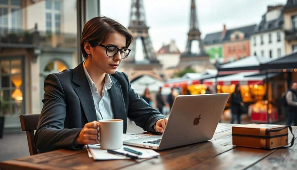 A serene and modern European travel scene showcasing the costs of accommodation and airfare. In the foreground, an elegant travel planner sits at a rustic wooden table, analyzing a laptop displaying flight options and hotel prices. The planner, a young professional in business casual attire, holds a coffee cup thoughtfully. The middle ground features a backdrop of iconic European structures like the Eiffel Tower and a lively street market. Soft, warm lighting enhances the inviting atmosphere, while a soft-focus effect on the background keeps the focus on the traveler and the laptop. The image conveys a sense of adventure and anticipation, perfect for exploring the budgeting aspect of a European trip.