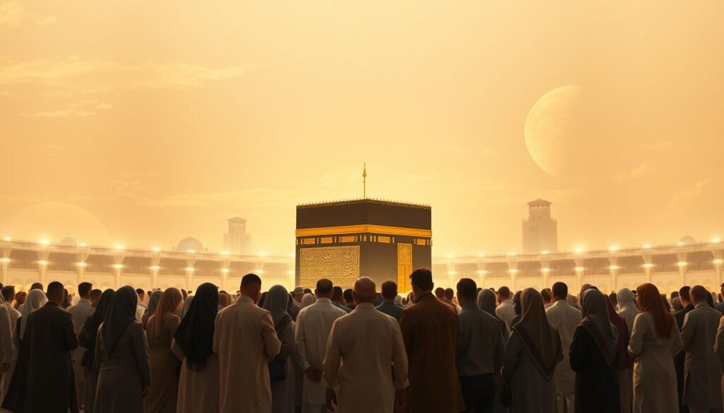 A serene and spiritually uplifting scene depicting the conditions and preparations for Umrah. In the foreground, a diverse group of individuals in modest, professional clothing gather around a symbolic representation of the Kaaba, exuding a sense of unity and devotion. The middle ground features soft, golden lighting illuminating the gathering, while faint silhouettes of pilgrims can be seen reflecting on their journey. The background is filled with soft clouds and a warm, ethereal glow, evoking a peaceful atmosphere. The image captures a moment of anticipation and reverence, showcasing the importance of Umrah and the preparation involved, with a focus on connection and spirituality. Use a wide-angle lens to emphasize depth and expansiveness.