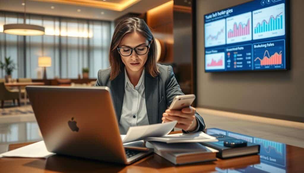 A serene hotel booking scene illustrating effective strategies for securing discounted hotel rates. In the foreground, a professional-looking person, dressed in smart casual business attire, is intently comparing hotel prices on a sleek laptop. They display a focused expression, surrounded by papers and a smartphone displaying travel apps. In the middle ground, a wall-mounted digital screen showcases dynamic graphs of price trends and booking tips, while a stylish, modern hotel lobby can be seen in the background, with warm lighting and comfortable seating areas. The atmosphere exudes calm professionalism, suggesting a methodical approach to travel planning. The composition is shot from a slightly elevated angle to capture both the person and the digital display, enhancing the feeling of an organized, strategic booking environment. A serene hotel booking scene illustrating effective strategies for securing discounted hotel rates. In the foreground, a professional-looking person, dressed in smart casual business attire, is intently comparing hotel prices on a sleek laptop. They display a focused expression, surrounded by papers and a smartphone displaying travel apps. In the middle ground, a wall-mounted digital screen showcases dynamic graphs of price trends and booking tips, while a stylish, modern hotel lobby can be seen in the background, with warm lighting and comfortable seating areas. The atmosphere exudes calm professionalism, suggesting a methodical approach to travel planning. The composition is shot from a slightly elevated angle to capture both the person and the digital display, enhancing the feeling of an organized, strategic booking environment.