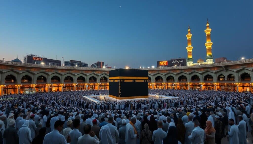 A serene representation of the Umrah season during Ramadan and the sacred months, capturing a large crowd of pilgrims in prayer and reflection at the Kaaba in Mecca. In the foreground, diverse groups of modestly dressed pilgrims, including men in white ihrams and women in respectful attire, are engaged in worship. The middle ground features the majestic Kaaba, adorned with its black and gold Kiswa, surrounded by the beautiful Grand Mosque illuminated by soft, warm lights creating a peaceful atmosphere. The background showcases the stunning architecture of the mosque under a twilight sky, with a hint of stars emerging. Use a wide-angle perspective to convey the grandeur of the setting, enhancing the sense of community and spirituality, while maintaining a calm and reverent mood.