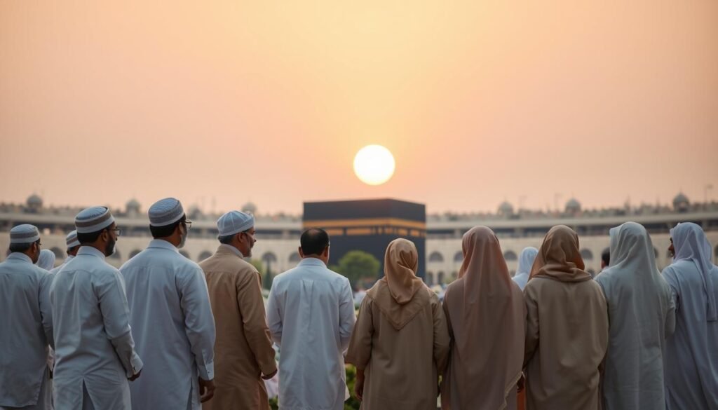 A serene scene depicting a group of diverse Muslim pilgrims in modest attire performing the rituals of Ihram in a tranquil setting. In the foreground, a small group of men and women is wearing white Ihram garments, each displaying a sense of spiritual focus. In the middle ground, a sacred area of Kaaba is faintly visible, surrounded by lush greenery and small rocks to represent the pilgrimage's natural aspects. The background features a warm, golden sunset illuminating the sky with soft hues of orange and pink, contributing to a peaceful and reflective atmosphere. The overall composition conveys devotion and reverence, with soft, diffused lighting creating a gentle, ethereal quality to the scene, inviting viewers to immerse themselves in this moment of spiritual significance.