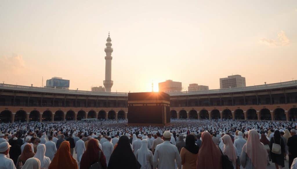 A serene view of the Kaaba in Mecca during the sacred months, showcasing a peaceful atmosphere filled with worshipers engaging in Umrah. In the foreground, a diverse group of men and women in modest traditional attire, reflecting a sense of unity and spirituality, humbly performing rituals such as Tawaf around the Kaaba. The middle ground highlights the majestic architecture of the Masjid al-Haram, bathed in warm, golden light as the sun sets, creating a tranquil ambiance. In the background, a clear sky with a few soft clouds enhances the serene atmosphere. The image should evoke a sense of devotion and spiritual significance, with warm, inviting tones to foster a feeling of peace and reverence. Aim for a wide-angle perspective to capture the grandeur of the scene.