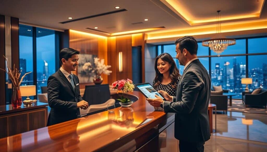 A sophisticated hotel reception area showcasing an elegant, modern design, bathed in warm, inviting lighting. In the foreground, a polished wooden reception desk with a friendly hotel staff member, dressed in professional attire, assisting a couple looking at a tablet filled with various hotel options and prices. The middle includes stylish decor, such as fresh flowers and contemporary seating, creating a welcoming atmosphere. In the background, large windows reveal a stunning city skyline, suggesting a vibrant nightlife. Soft golden lights illuminate the scene, conveying a sense of comfort and luxury, while the overall composition captures the essence of finding the best hotel prices for an enriching travel experience. A sophisticated hotel reception area showcasing an elegant, modern design, bathed in warm, inviting lighting. In the foreground, a polished wooden reception desk with a friendly hotel staff member, dressed in professional attire, assisting a couple looking at a tablet filled with various hotel options and prices. The middle includes stylish decor, such as fresh flowers and contemporary seating, creating a welcoming atmosphere. In the background, large windows reveal a stunning city skyline, suggesting a vibrant nightlife. Soft golden lights illuminate the scene, conveying a sense of comfort and luxury, while the overall composition captures the essence of finding the best hotel prices for an enriching travel experience.