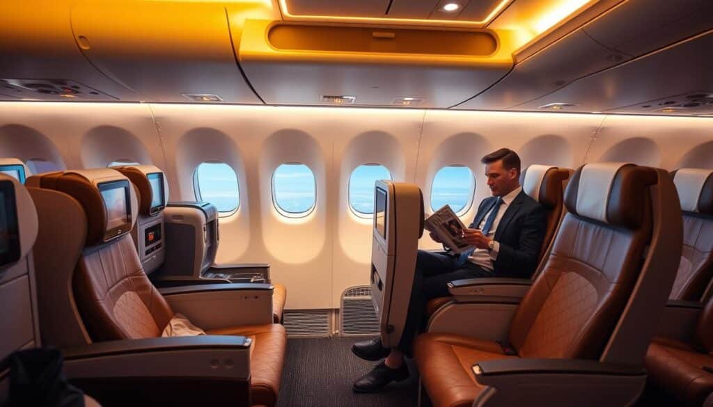 A spacious airplane cabin showcasing an elegant business class section on the left with plush, reclining seats featuring ample legroom, soft fabric, and personal entertainment screens. On the right, a longer row of economy class seats, less spacious but still comfortable. An attentive flight attendant in professional attire offers refreshments to a businessman reading a magazine. Bright ambient lighting illuminates the cabin, creating a warm and welcoming atmosphere. The airplane windows reveal a clear blue sky outside, hinting at height and travel. A camera angle from the front of the cabin captures both sections, emphasizing the contrast in comfort and services, evoking a sense of luxury and relaxation in contrast to economy travel.