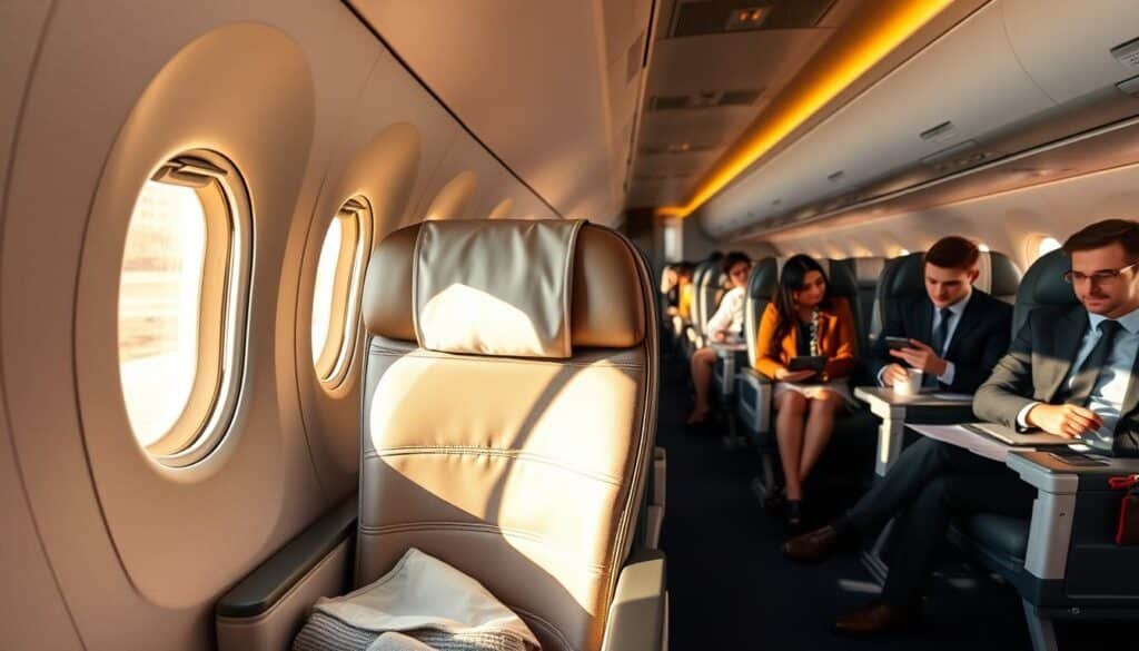 A spacious airplane interior showcasing a clear view of both window seats and aisle seats. In the foreground, highlight a comfortable window seat with soft, plush cushioning, featuring the soft glow of natural sunlight filtering through the window, illuminating the seat. Next to it, an aisle seat with ample legroom and a small aisle space, emphasizing accessibility. The middle ground includes the rows of seats, arranged neatly, highlighting the distinct differences between the types of seating. The background reveals other passengers dressed in professional business attire, sitting comfortably and engaged in various activities, creating a sense of tranquility and focus. Use warm, inviting lighting to create a cozy atmosphere, with a slightly wide-angle view to capture the full layout of the cabin.