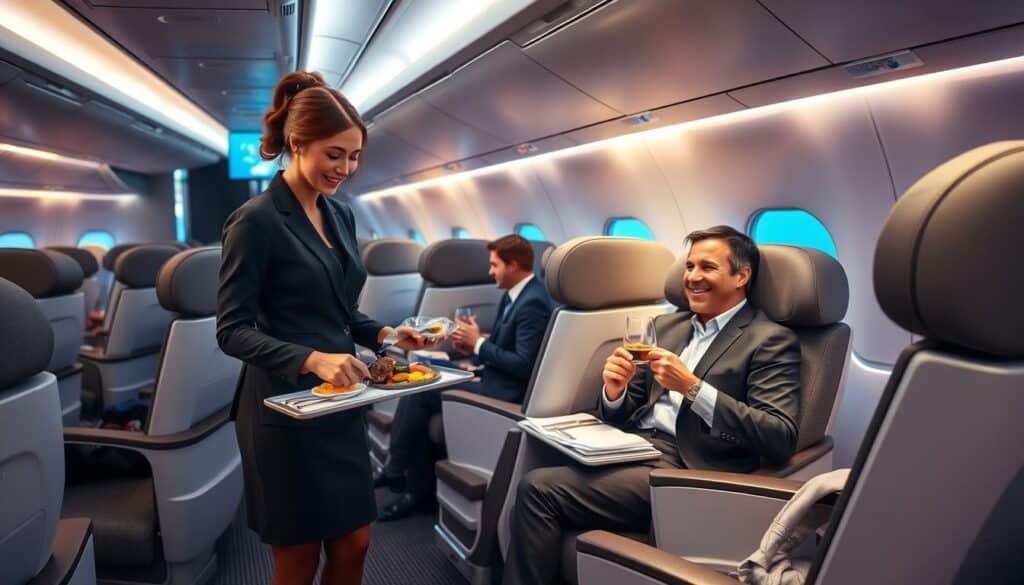 A spacious, modern airplane cabin showcasing the Premium Economy class, featuring large, comfortable seats with generous legroom and elegant fabric upholstery. In the foreground, a attentive flight attendant in professional attire serves a gourmet meal on a stylish tray, emphasizing the elevated service. In the middle ground, a well-dressed business traveler enjoys a meal with a relaxed smile, with ambient lighting casting a warm glow over the scene. The background shows sleek cabin architecture with large windows, hinting at a clear blue sky outside. The overall atmosphere is one of comfort and sophistication, reflecting the perfect balance between economy and business class travel. The image is bright and inviting, capturing the essence of a luxurious yet accessible flying experience.