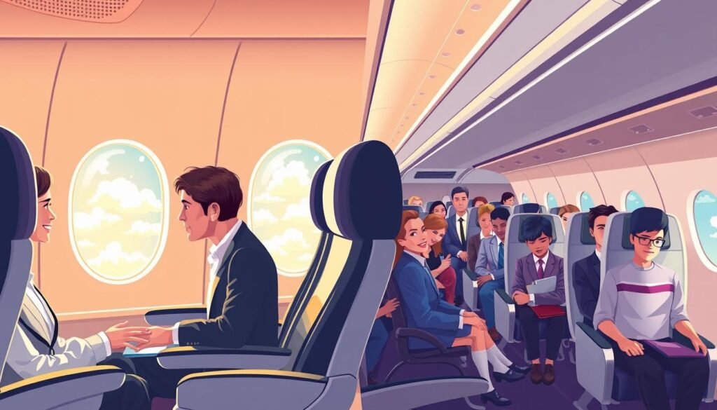 A split-scene illustration depicting various types of airline tickets and their impact on the travel experience. In the foreground, showcase an elegant interior of a business class cabin with plush seating, ample legroom, and premium service, featuring diverse passengers in professional business attire enjoying their journey. In the middle ground, depict a contrasting economy class cabin with rows of seats, showcasing a more cramped and bustling atmosphere, passengers seated close together with varied expressions of comfort and discomfort. The background features a bright airplane window showcasing cloud patterns outside, suggesting a beautifully sunny day. Soft, natural lighting filters through the cabin, creating a warm and inviting environment. The overall mood of the image should convey a clear distinction between business and economy class, highlighting the luxury and comfort of higher tier travel experiences.