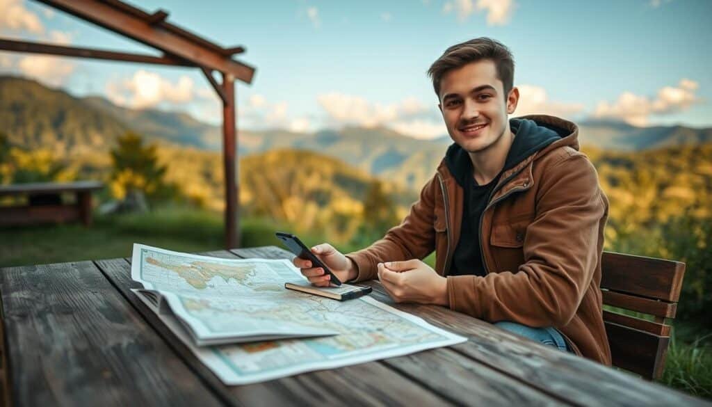A tranquil outdoor scene depicting a budget traveler planning their economic journey. In the foreground, a young adult in comfortable, modest clothing is seated at a rustic wooden table, surrounded by travel essentials: a map, notebook, and smartphone, with a focused yet excited expression. The middle ground features scenic mountains and lush greenery, symbolizing adventure and exploration. The background shows a clear blue sky with soft white clouds, enhancing the sense of freedom. Late afternoon sunlight casts a warm glow, illuminating the traveler’s workspace while creating a peaceful atmosphere. The lens captures a slight depth of field, bringing attention to the traveler while softly blurring the surrounding nature, conveying the mood of thoughtful planning and anticipation for an enriching experience.