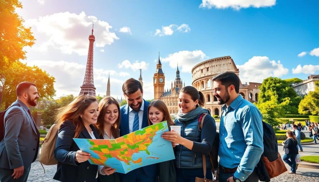 A vibrant and captivating travel scene showcasing iconic European landmarks, representing a two-week itinerary through Europe. In the foreground, a diverse group of tourists in professional business attire and modest casual clothing examines a colorful travel map, full of excitement and curiosity. The middle ground features famous landmarks such as the Eiffel Tower, Big Ben, and the Colosseum, set against a bright blue sky with fluffy white clouds. The background includes lush green parks and cobblestone streets, bustling with activity. Soft sunlight bathes the scene, creating a warm and inviting atmosphere that evokes the spirit of adventure and exploration in Europe's most attractive capitals. The image should have a lively, uplifting mood, inspiring potential travelers.