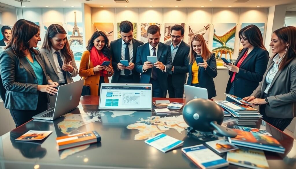 A vibrant and inviting scene depicting the steps for international travel, focusing on booking flights and hotels at the best rates. In the foreground, a diverse group of travelers, dressed in professional business attire, enthusiastically discussing a travel itinerary with laptops and smartphones displaying travel booking websites. The middle ground features images of a world map and a variety of airline tickets and hotel brochures spread out on a stylish table. In the background, a bright travel agency office with modern decor, featuring travel posters and brochures, enhances the excitement of planning a trip. The lighting is warm and welcoming, creating a sense of optimism and adventure. The composition should be well-balanced, capturing the essence of travel preparation in a professional yet friendly atmosphere.