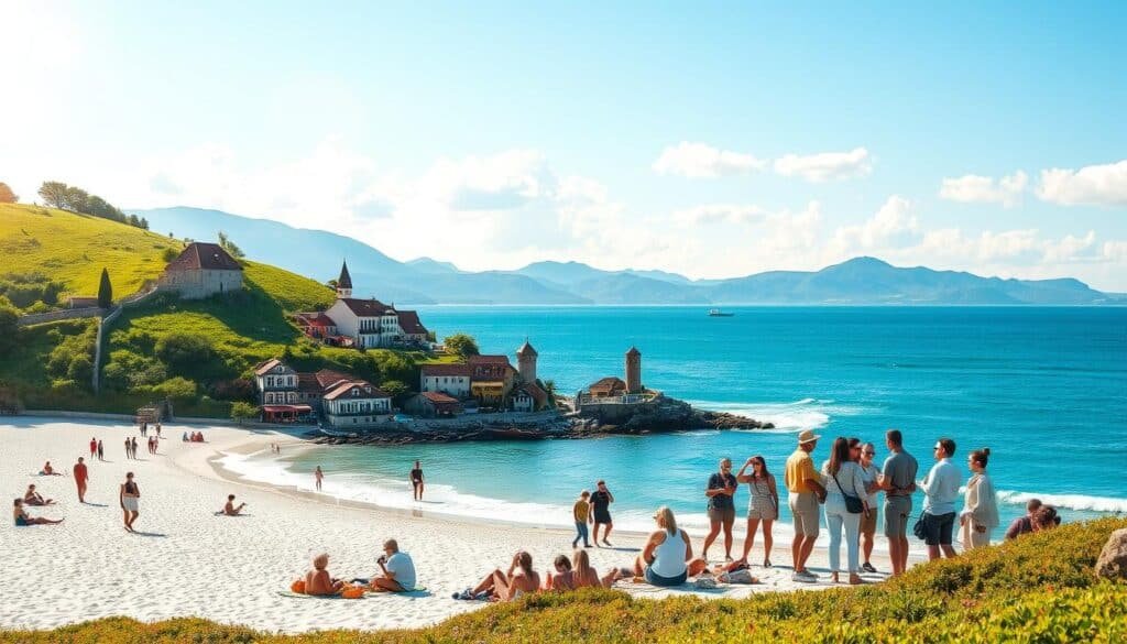 A vibrant and inviting scene showcasing the best international travel destinations during spring and summer. In the foreground, a picturesque beach with white sand and turquoise waters, dotted with families enjoying picnics and sunbathing, all dressed in modest casual clothing. In the middle ground, lush green hills adorned with blooming flowers and quaint European-style cottages. A diverse group of travelers, wearing colorful light clothing, are exploring the area, capturing memories with cameras. The background features a bright blue sky with fluffy clouds, and distant mountains gently framing the horizon. Soft, warm sunlight creates a cheerful and lively atmosphere, inviting viewers to experience the joy of travel during the spring and summer seasons.