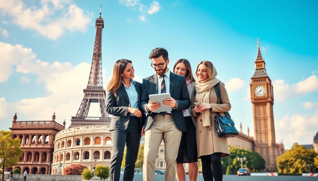 A vibrant and inviting scene showcasing various European tourist attractions, including the Eiffel Tower, Colosseum, and Big Ben, arranged attractively in the foreground. In the middle ground, depict a diverse group of travelers wearing professional business attire and modest casual clothing, enthusiastically discussing their travel plans with a digital tablet. The background features a blue sky with soft, fluffy clouds and hints of greenery from city parks. Use warm, natural lighting to create an uplifting atmosphere that conveys excitement and anticipation for the journey ahead. The angle should be slightly elevated, providing a sweeping view that encompasses the beauty and diversity of European capitals, emphasizing the spirit of exploration and the importance of careful planning for a memorable trip.