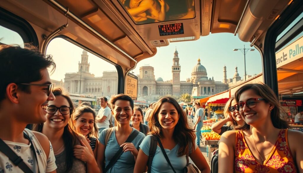 A vibrant and lively scene depicting low-cost travel within a tourist destination. In the foreground, a diverse group of tourists, wearing modest casual clothing, are happily using a public transportation system, such as a bus or tram, engaging with locals and enjoying the experience. In the middle ground, colorful street markets and food stalls can be seen, filled with fresh produce and local delicacies. The background features iconic landmarks of the destination, bathed in warm, golden sunlight, creating a welcoming atmosphere. The scene captures the essence of cultural exploration and budget-friendly travel, with a slight tilt angle to enhance depth and perspective, evoking a sense of adventure and excitement.