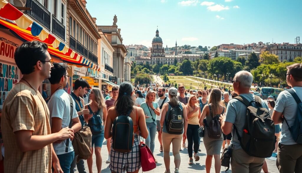 A vibrant, engaging scene capturing the essence of "Free and Exciting Activities on a Budget Travel." In the foreground, a diverse group of travelers, dressed in modest casual clothing, are enjoying a lively street festival with colorful stalls and local performers. In the middle ground, people are participating in activities such as exploring art murals, enjoying outdoor yoga, and engaging with local artists, reflecting a sense of camaraderie and joy. The background showcases a picturesque cityscape with historic buildings and lush green parks under a bright blue sky. Soft, warm lighting casts a cheerful atmosphere over the scene, invoking a sense of adventure and exploration. The composition should emphasize a balanced perspective, creating an inviting and inspiring mood, perfect for illustrating budget-friendly travel experiences.