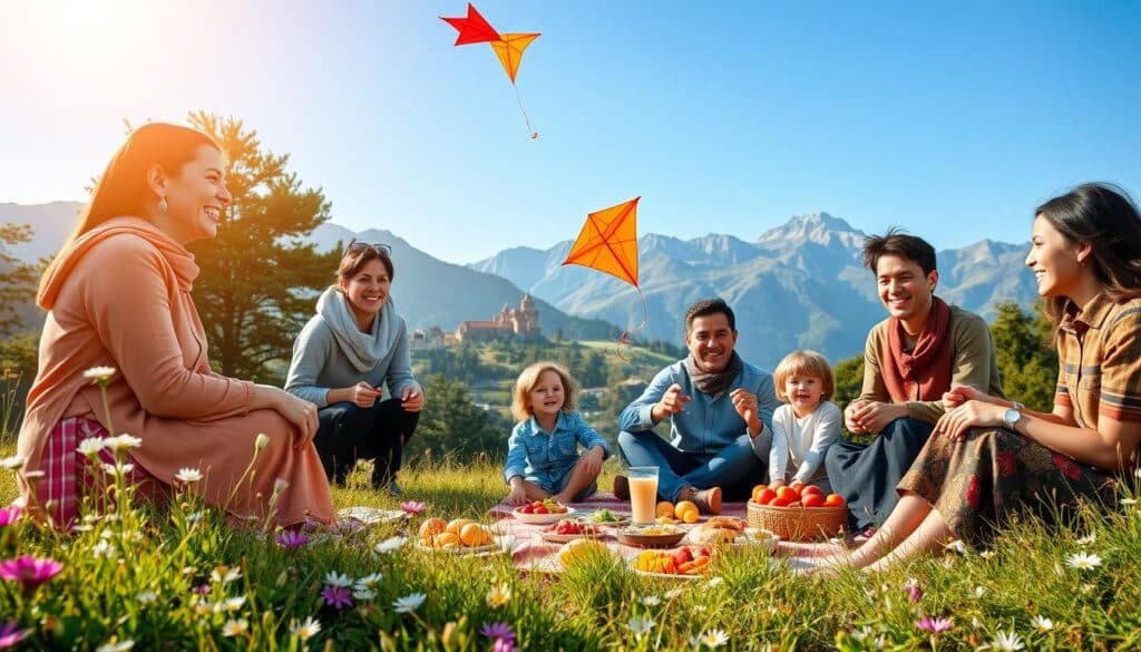 A vibrant family scene in Georgia, showcasing various engaging activities. In the foreground, a diverse family of four, dressed in modest casual clothing, enjoys a picturesque picnic on a lush hillside, surrounded by beautiful wildflowers. The middle ground features children flying colorful kites, while parents relax with a traditional Georgian lunch spread, including khinkali and fresh fruits. In the background, majestic mountains rise against a clear blue sky, with hints of historic architecture peeking through green trees. Soft, golden sunlight casts a warm glow over the scene, creating a cheerful, inviting atmosphere. The perspective is slightly elevated to capture both the joyful expressions of the family and the stunning landscape, conveying a sense of adventure and togetherness in this idyllic setting.