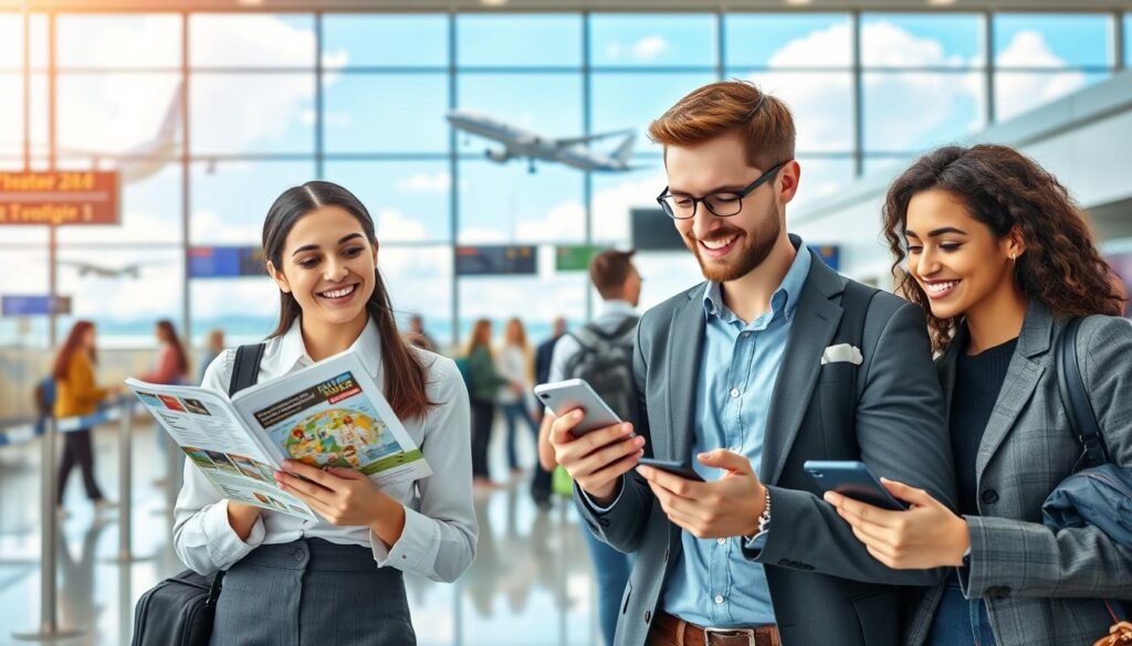 A vibrant image depicting a diverse group of travelers preparing for their first international trip. In the foreground, a young woman in professional business attire is holding a travel guide, looking excited as she studies it. Beside her, a man in modest casual clothing checks a smartphone for flight details. In the middle, a well-organized airport terminal is bustling with people, showcasing check-in counters and departure boards, conveying a sense of adventure and anticipation. In the background, large windows reveal planes taking off, with bright blue skies and fluffy clouds. Soft, warm lighting enhances the cheerful atmosphere, suggesting a safe and welcoming environment for first-time travelers. The overall mood is one of eagerness and optimism, perfectly capturing the essence of embarking on a new journey.