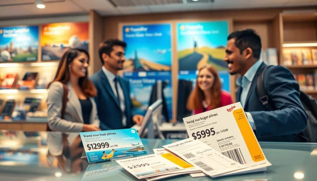 A vibrant scene showcasing discounted airline tickets prominently displayed on a travel agency counter. In the foreground, a diverse group of professionally dressed travelers, including a woman in a business suit and a man in a smart casual outfit, are enthusiastically interacting with a friendly travel agent. The middle ground features colorful posters illustrating various travel destinations with highlighted prices, conveying a sense of excitement about budget airlines and seasonal promotions. In the background, softly illuminated shelves filled with brochures and guidebooks create a welcoming atmosphere. The soft, warm lighting enhances the mood of optimism and adventure, inviting viewers to explore affordable travel options. The angle captures the energy of the scene, emphasizing the interaction between the travelers and the agent, underlining the theme of finding deals on airfare.
