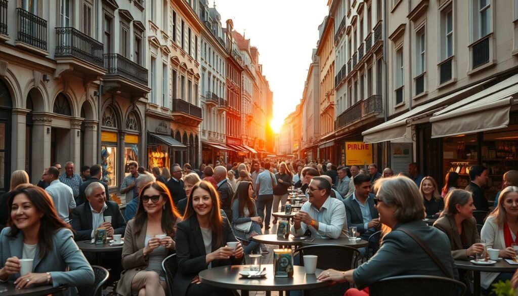 A vibrant street scene in a European city, capturing the essence of tourism and leisure activities. In the foreground, people of diverse backgrounds are enjoying outdoor cafes, sipping coffee, and engaging in lively conversations, all dressed in smart casual attire. The middle ground features iconic European architecture, with ornate buildings and picturesque street markets filled with colorful souvenirs and local delicacies. In the background, a soft sunset casts warm golden light over the scene, enhancing the atmosphere of relaxation and joy. The angle captures a slightly elevated view, allowing for a panoramic perspective of the bustling street life. The overall mood is inviting and lively, reflecting the vibrant energy of European tourism.