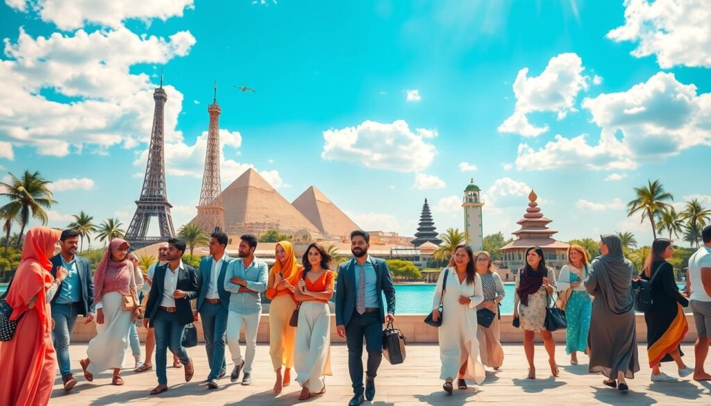 A vibrant summer travel scene showcasing popular international destinations favored by travelers from Saudi Arabia. In the foreground, a group of diverse tourists in professional business attire and modest casual clothing are engaged in joyful exploration. The middle ground features iconic landmarks like the Eiffel Tower, the Great Pyramids, and the beaches of Bali, beautifully arranged to represent a global summer getaway. The background is filled with a bright blue sky dotted with fluffy white clouds, radiating warm sunlight that casts soft shadows. The atmosphere is lively and inviting, evoking a sense of adventure and cultural richness. Capture the essence of summer vacation with a picturesque view that conveys excitement and relaxation in a harmonious blend of colors and elements.